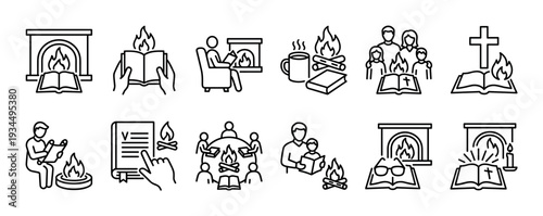 Set of black line art icons depicting religious study and storytelling with Bibles, crosses, fireplaces, and campfires for community and family gatherings