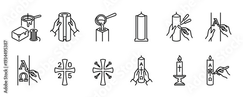 Paschal candle creation and decoration icon set showing the traditional Christian process for the Easter Vigil, with wax, cross, Alpha, Omega, and incense symbols in a clean line art style