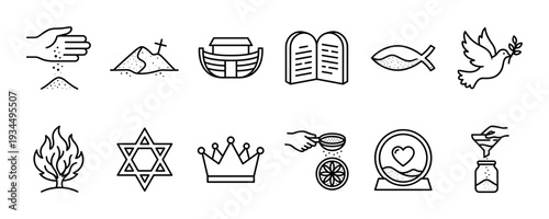Biblical story and faith symbol icons in a minimalist line art style, a collection of religious pictograms including Noah's ark, the ten commandments, a dove, and the burning bush