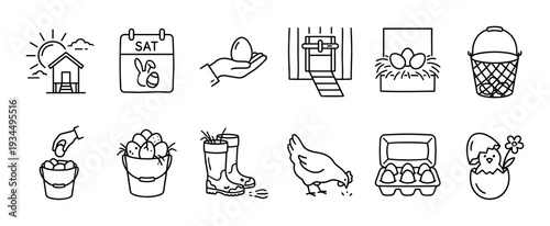 Set of hand-drawn line art icons representing Easter and poultry farming with a chicken, eggs, coop, hatching chick, calendar, and muddy boots in a simple doodle style
