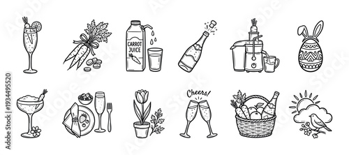 Set of black and white hand-drawn icons for an Easter brunch celebration, featuring carrot cocktails, champagne, a decorated egg with bunny ears, a picnic basket, and a tulip