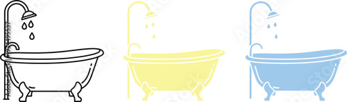 Bathtub with Shower Set in Black Yellow and Blue Flat Design Vector Illustration Bathroom Plumbing Fixture Isolated on Light Background
