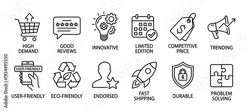 Set of product feature line icons for e-commerce marketing, including high demand, good reviews, innovative, and fast shipping symbols for highlighting unique selling propositions