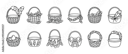 Collection of hand drawn wicker baskets decorated with feathers, bows, and an egg in a nest, presented in a simple black and white line art doodle style for rustic themes