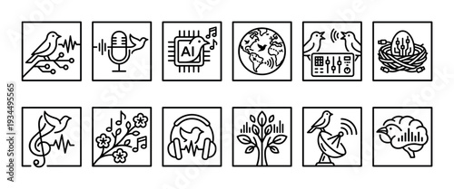 Set of black line art icons illustrating concepts of bioacoustics, sound technology, and nature, featuring birds, AI chips, microphones, and musical notes in a minimalist style