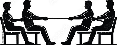 Black silhouettes of four men sitting on benches playing tug of war, team competition, flat vector illustration on white background