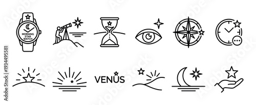 Twelve black outline icons representing astronomy and the morning star, including a telescope, watch, hourglass, compass, and symbols for the planet Venus