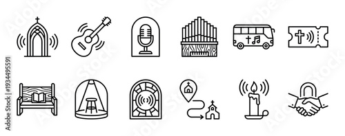 Set of twelve black line icons illustrating Christian worship and community, with symbols for music, prayer, fellowship, sermons, and various church activities
