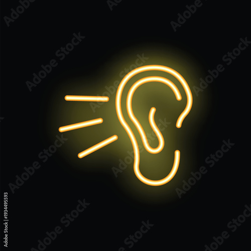 Neon sign of an ear hearing sound waves glowing on a black background