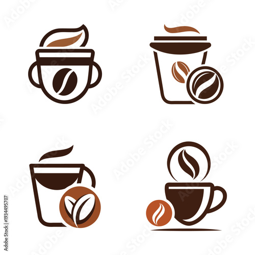 Four stylized coffee cup icons with beans and cream designs