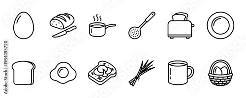 Collection of black line art icons for breakfast food and cooking, including an egg, toast, bread, a toaster, a steaming saucepan, a mug, and a basket of eggs in a minimalist style