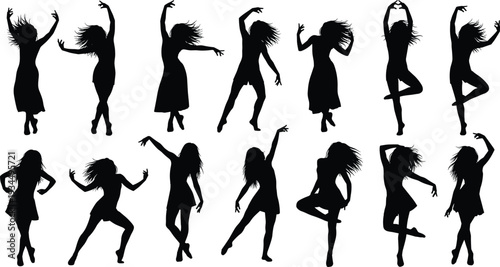Collection of female dancing silhouettes, energetic women party poses isolated on white background, vector illustration for music and nightlife design