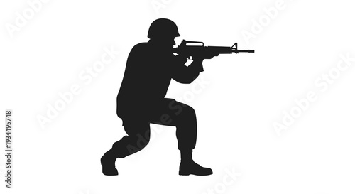 A soldier in combat gear kneels aiming a rifle forward presented as a stark black silhouette high quality