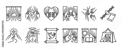 Collection of black line art Christian symbols representing concepts of faith, freedom, salvation, and hope, including a cross, dove, tabernacle, and rising sun