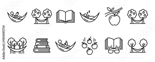 Set of black outline icons showing relaxation and leisure activities like reading and sleeping in a hammock, with books, apple trees, and fruit in a minimalist vector style
