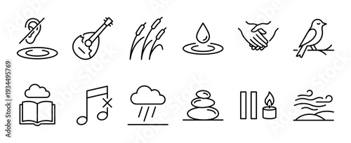 Set of twelve minimalist black outline icons representing relaxation, meditation, nature sounds, and quiet activities for wellness and mindfulness concepts