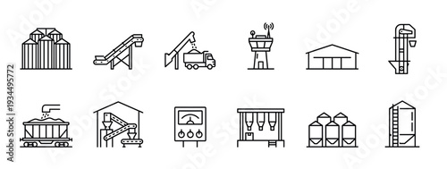 Grain elevator and agricultural industry line icons showing silos, conveyors, transportation, and processing equipment in a minimalist black and white vector illustration set
