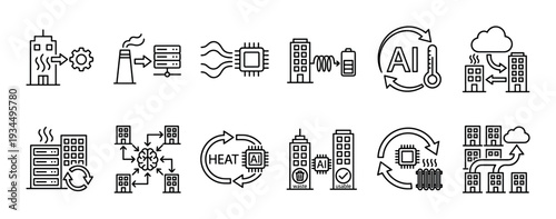 Set of black line art icons illustrating heat recovery from data centers, AI-managed energy efficiency, and smart city technology for sustainable urban infrastructure systems