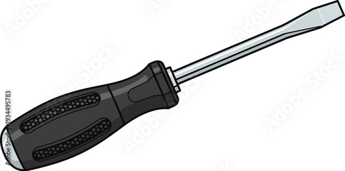 Flathead screwdriver with a black rubberized handle rests isolated against.
