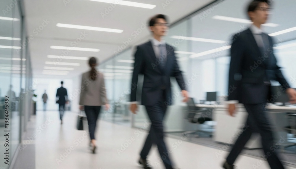 Fototapeta premium Blurred Business People Walking in Modern Office Hallway, Motion, Corporate Rush, Fast-Paced Workplace Concept