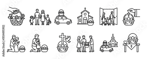 Collection of Easter holiday line art icons showing Christian family traditions like church service, prayer, and the blessing of a festive basket with eggs in a simple outline style