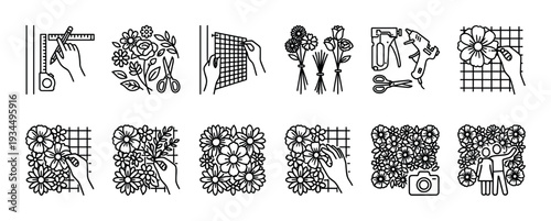 Black and white line art icon set showing the step-by-step process of creating a DIY flower wall for a wedding photo booth, including tools, hands, and floral arrangements