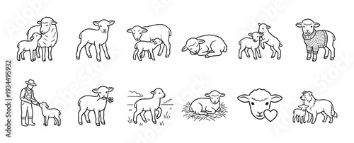 Collection of cute lamb and sheep illustrations in a simple black and white line art style, featuring various poses like sleeping, playing, and being fed by a farmer
