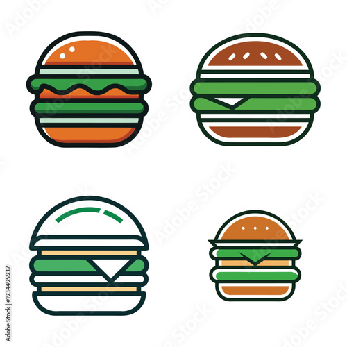 Four stylized illustrations of burgers with different toppings and designs