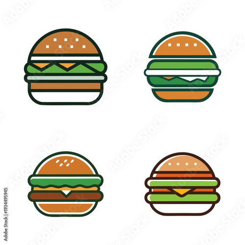 Four stylized illustrations of burgers with different lettuce and tomato arrangements
