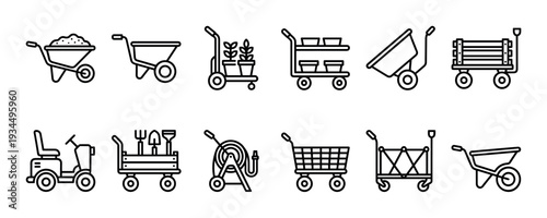 Collection of black line art icons depicting various garden carts, wheelbarrows, and trolleys for landscaping, farming, and transportation, including a lawn mower and hose reel