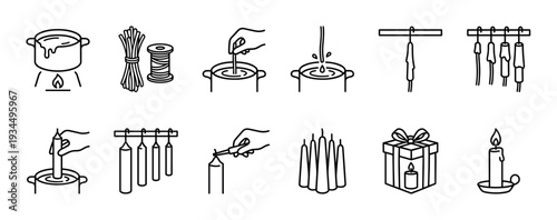 Candle making process line icon set showing the steps for creating handmade wax candles from melting wax, dipping wicks, drying, and trimming the final product