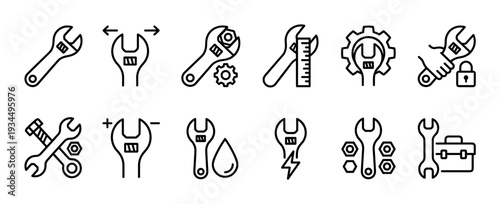 Set of black line art icons featuring an adjustable wrench for various repair and maintenance concepts like plumbing, electrical work, settings, and security in a clean minimalist style