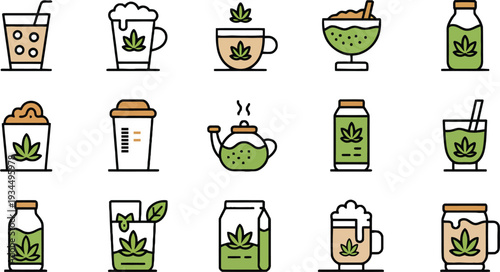 Set of cannabis infused beverage icons in line style  tea coffee milk and smoothie