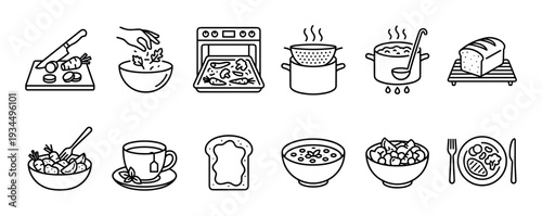Set of food and cooking line icons showing meal preparation steps and dishes like chopping vegetables, roasting in an oven, making soup, tossing salad, and a plated dinner