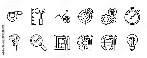 Set of black line icons representing measurement and precision engineering concepts, including calipers, micrometers, quality control symbols, and technical accuracy for industry