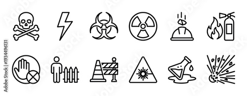 Set of twelve black outline warning icons showing different dangers such as toxic substances, electricity, biological hazards, explosions, and chemical spills in a minimalist graphic style