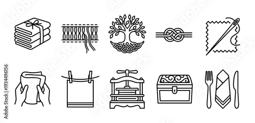 Collection of minimalist black line icons depicting household objects and symbolic elements, including folded linen, sewing, a Celtic tree, a book press, and cutlery with a napkin