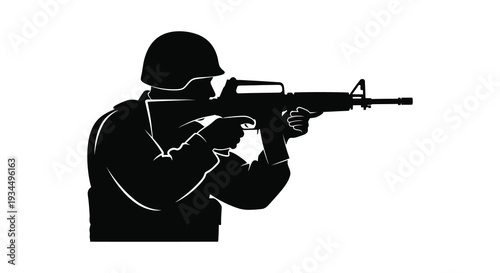 A stark depiction of a soldier aiming a rifle rendered as a dramatic black shape silhouette high quality