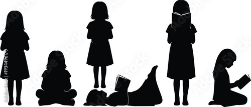 A set of vector line art silhouettes of girls reading books in different poses and positions silhouette