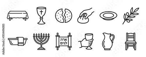 Collection of religious line art icons representing Christian and Jewish symbols for Passover and the Last Supper, including a menorah, chalice, broken bread, and Torah scroll