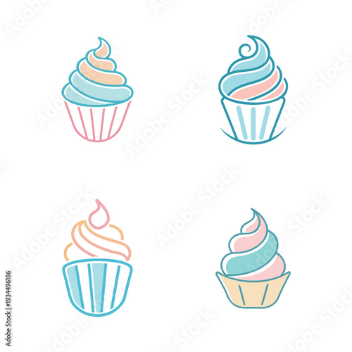 Four stylishly illustrated pastel cupcakes with swirl frosting designs