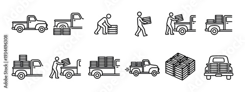 Black outline icons illustrating pickup truck loading and unloading processes with stacked wooden crates, showcasing different stages of goods transport and delivery in a minimalist line art