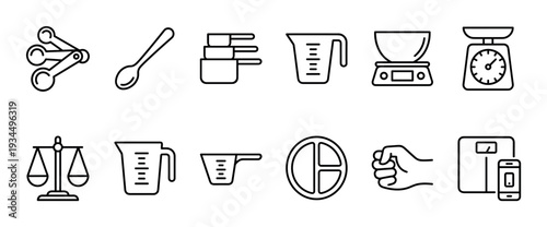 Comprehensive set of measurement and weighing icons illustrates various kitchen tools, portion control, and health tracking devices in a clean line art style