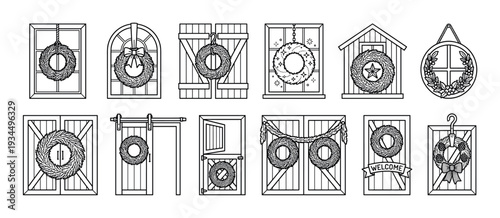 Various festive wreaths adorning different doors and windows, depicted in a charming black and white line art style, showcasing diverse architectural elements and holiday decorations