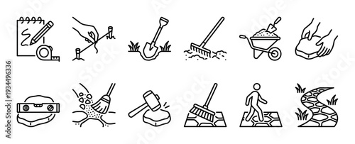 These black and white line art icons illustrate the detailed process of laying a garden path, showcasing various tools and steps from initial planning to final completion