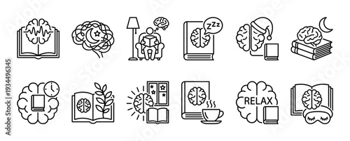 Twelve black and white line art icons depicting various concepts of reading, learning, brain activity, and relaxation, presented in a clean, minimalist vector style