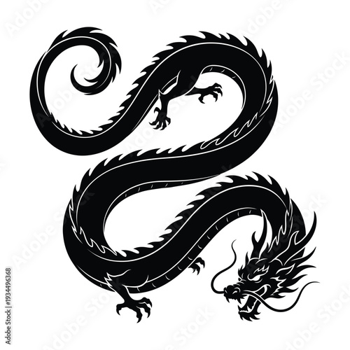 Serpentine Eastern Dragon S-Shape Silhouette Vector. Curved Asian Dragon Black Silhouette. Mythical Long Creature Clip Art Illustration