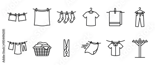 Various black line art laundry icons illustrating washing, drying, and clothing care activities, including garments on lines, hangers, and a full basket, presented in a clean, modern style
