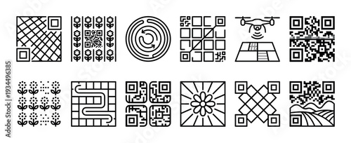 Twelve black line icons illustrate smart farming and agricultural technology concepts, featuring stylized QR codes, crop fields, drones, and mazes in a clean, modern vector style