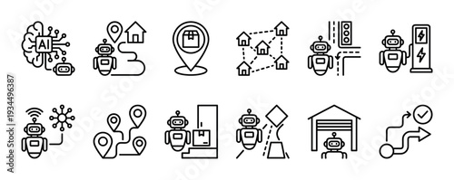 Twelve black outline icons depict artificial intelligence, robotic automation, smart delivery, and interconnected systems with a clean, modern, and conceptual style